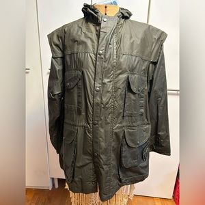 New wax cotton raincoat green lined hood Scotland Wathne MED / Barbour quality